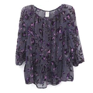 Faded Glory velvet burnout popover top Size S purple dark floral semi-sheer